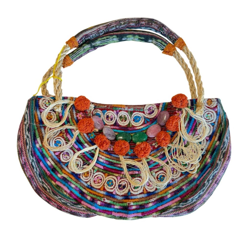 Boho Shoulder Bag Beads Rope Handles Colorful Embroidered Indie Hippie Festival - Picture 1 of 6